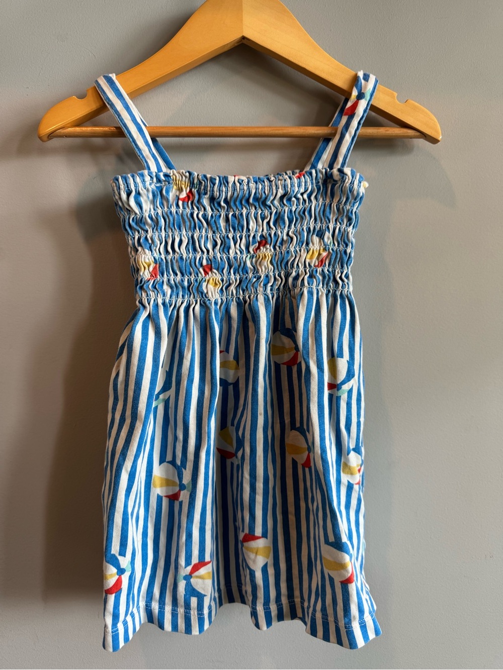 Hanna Andersson Blue and White Striped Smocked Sundress with Beach Ball Print